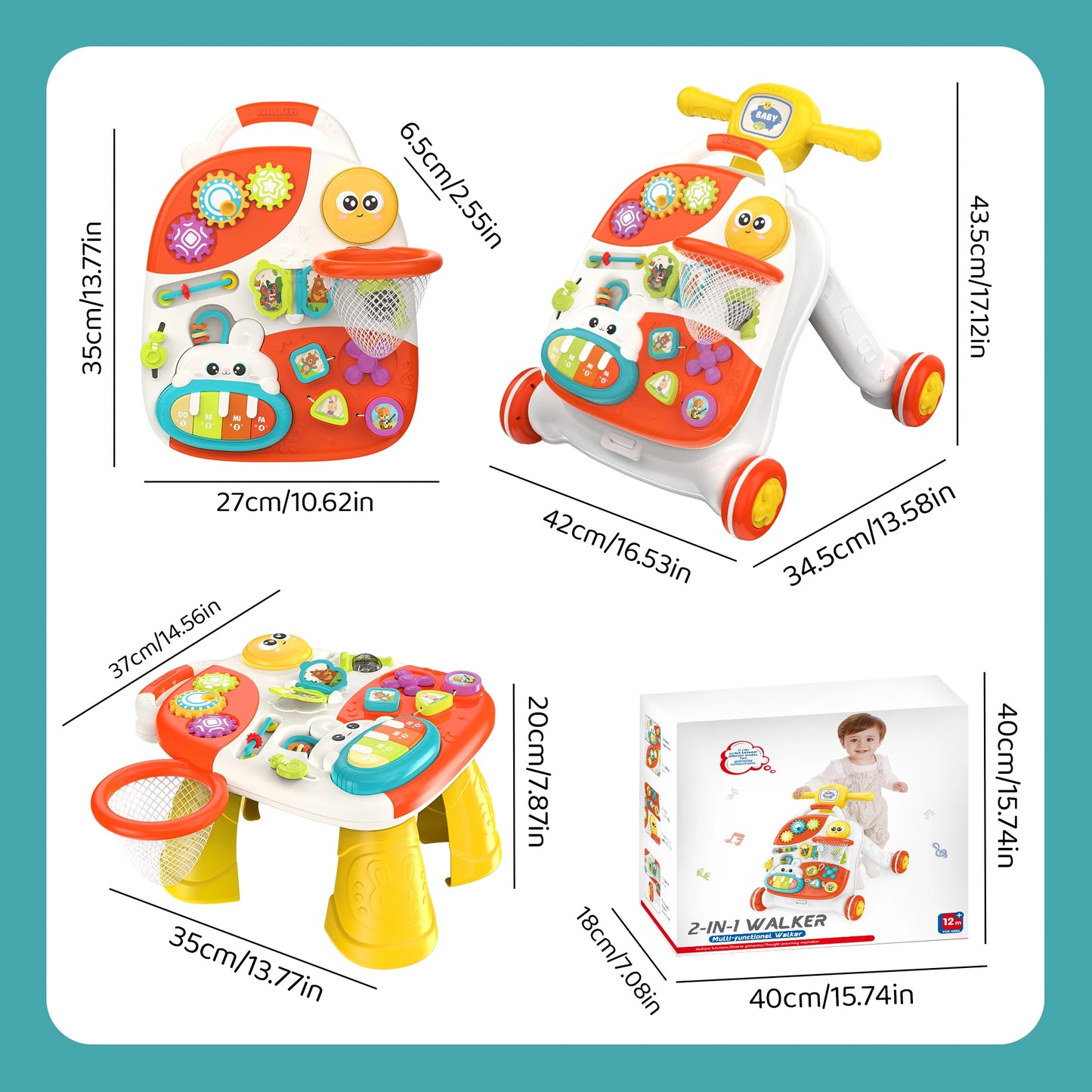 3 in 1 Baby Push Walker and Activity Center, Sit to Stand Walker for Babies 6-12 Months, Baby Walking Toys with Music Panel