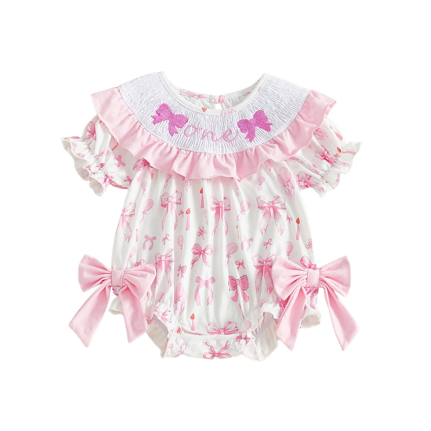Toddler Girl Pink Floral Print Ruffle Sleeve Romper with Bow Detail and Round Neckline for Birthday Party Celebration