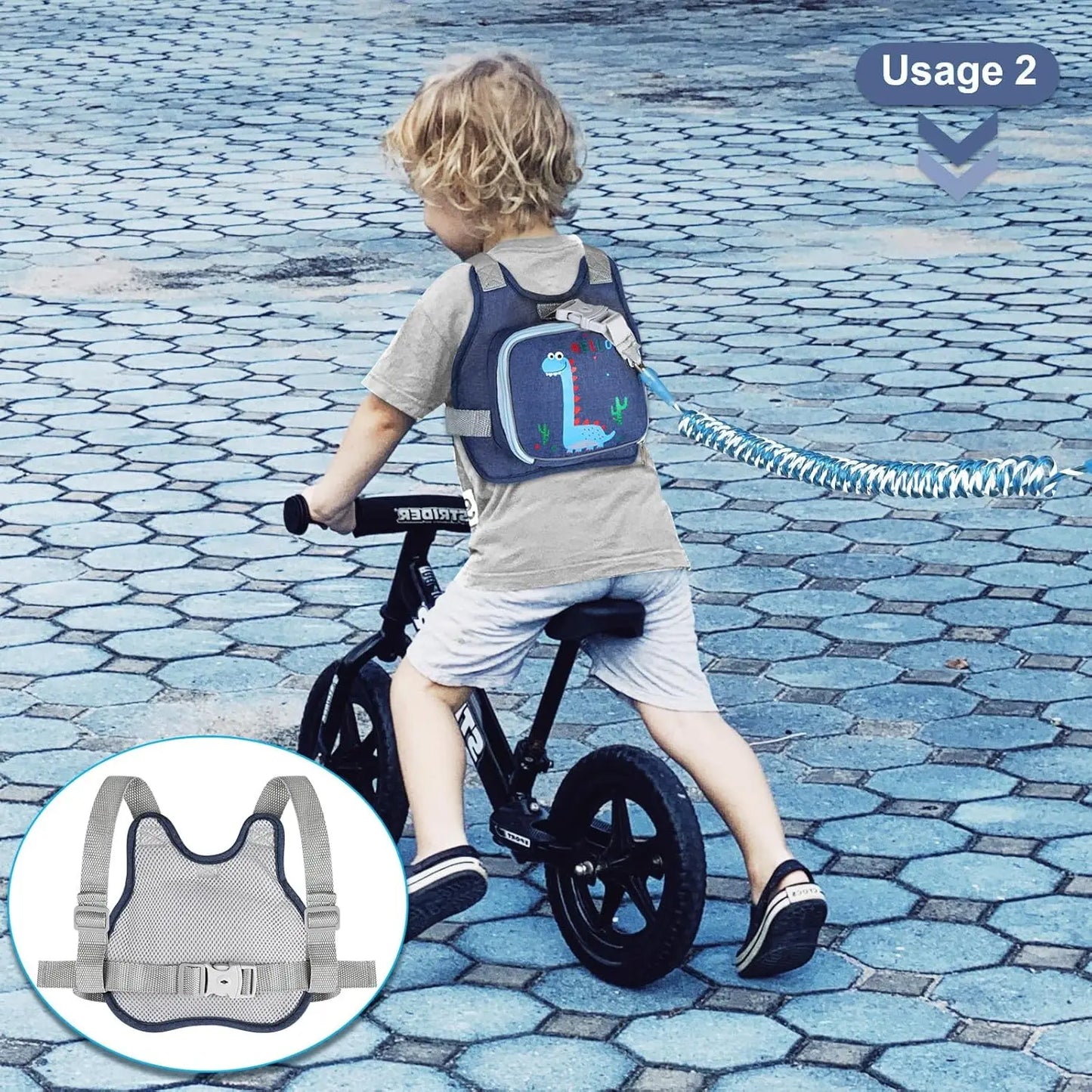Cute Dinosaur Toddler Harness Leash with Anti-Lost Wrist Link, Adjustable and Foldable for Kids 1-4 Years Old
