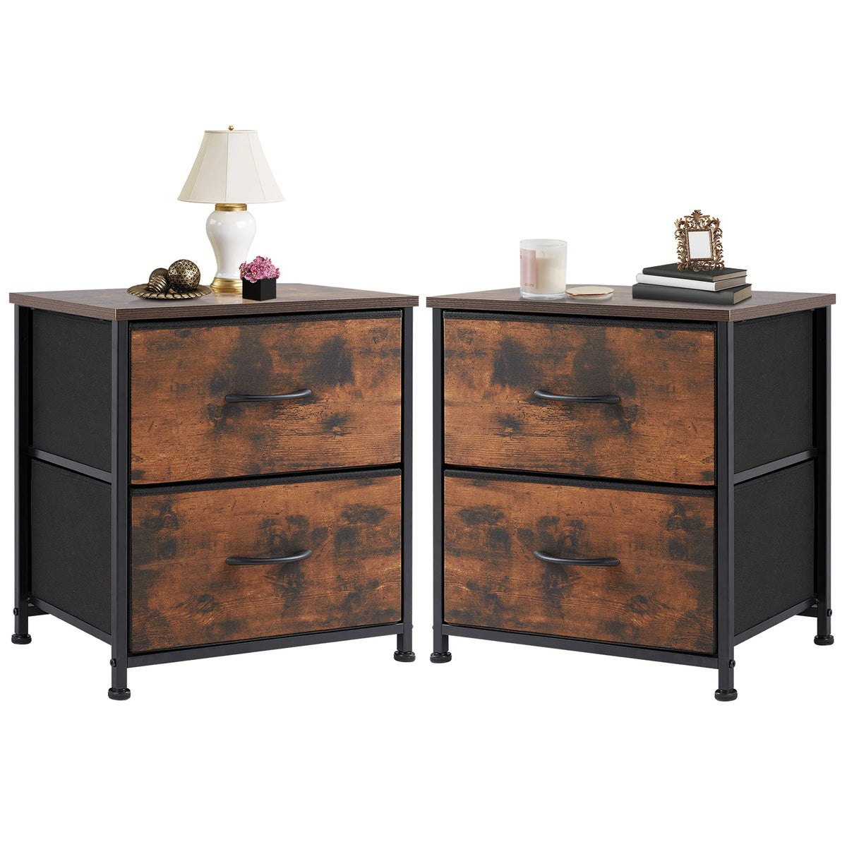 JHK Modern Bedside Nightstand With Two Fabric Storage Drawers
