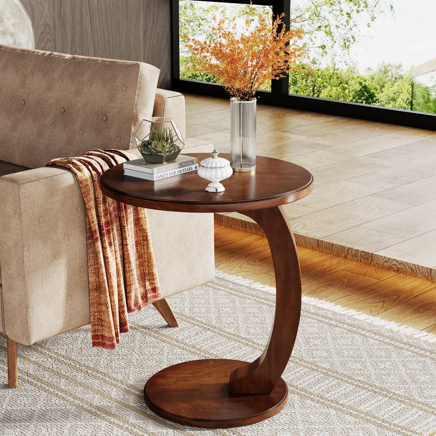 Tribesigns Round End Table Wood C Shaped Side Table Mid Century Retro