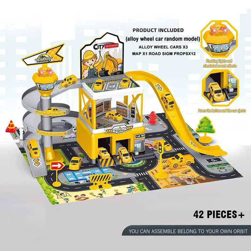 CONUSEA DIY Rail Car Parking Lot Track With Racing Cars