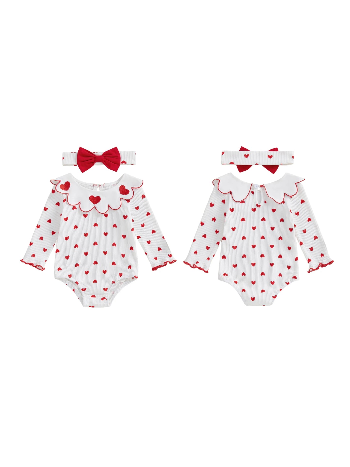 Adorable Toddler Girls Valentine s Day Heart Print Romper with Matching Bow Headband and Ruffle Detail