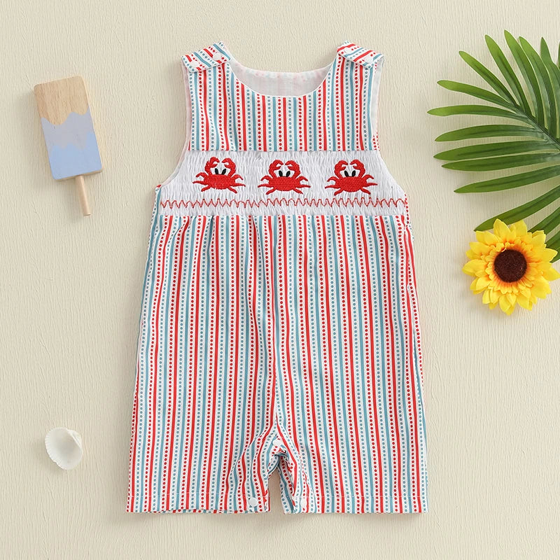 Toddler Boy Sleeveless Romper with Cute Shark Embroidery and Striped Print Summer Tank Jumpsuit for Beachwear and Street Style