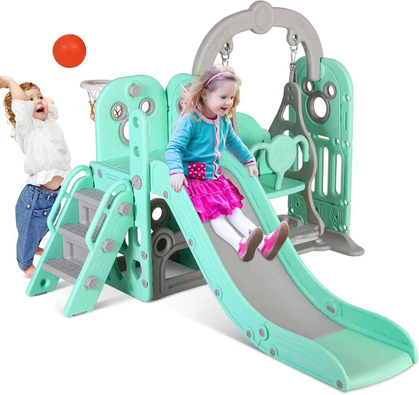 Swing Slide For Kids 6-In-1 Climber With Ball Hoop Toy