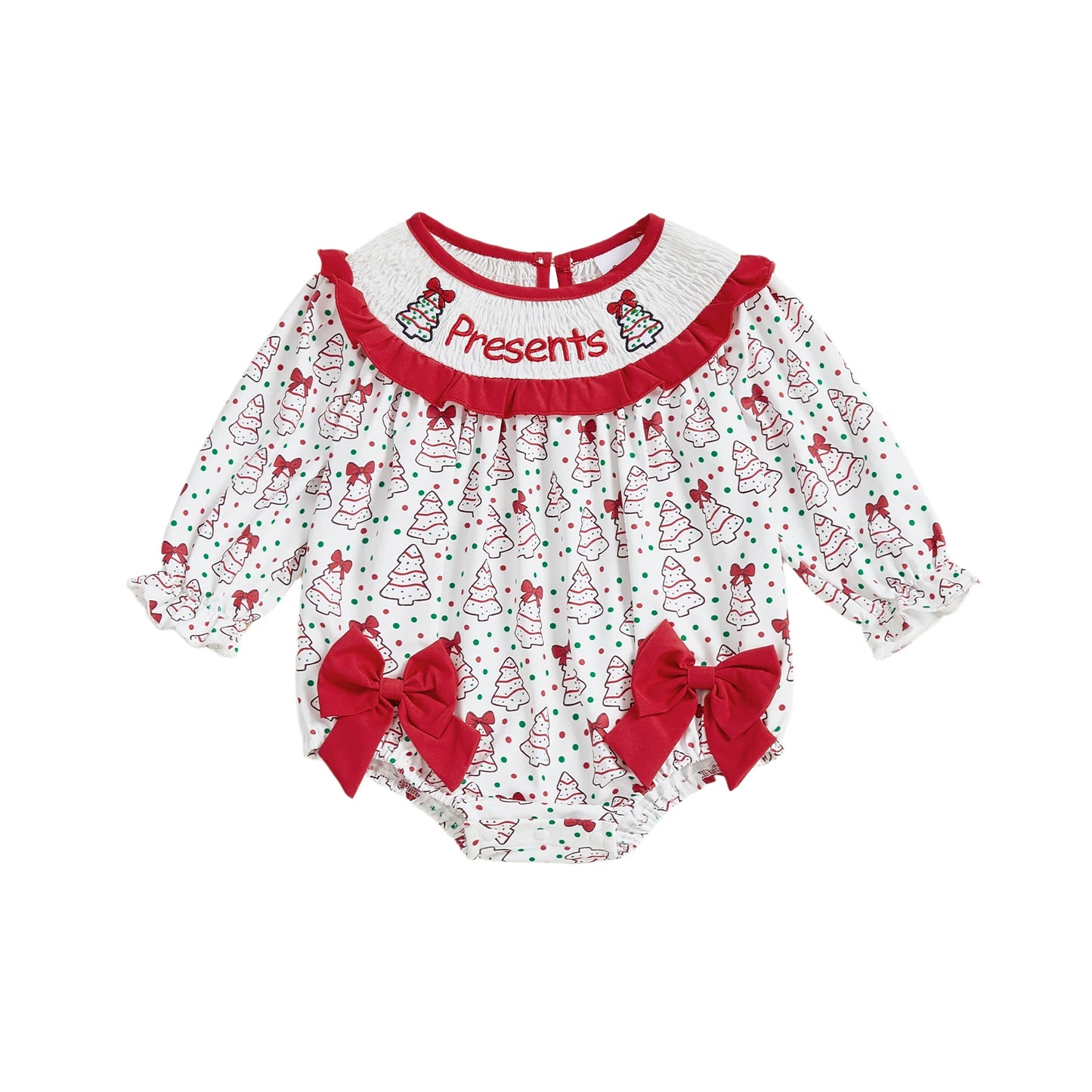 Baby Girl Bubble Romper Fashionable Christmas Tree Embroidery Smocked Long Sleeve Jumpsuit