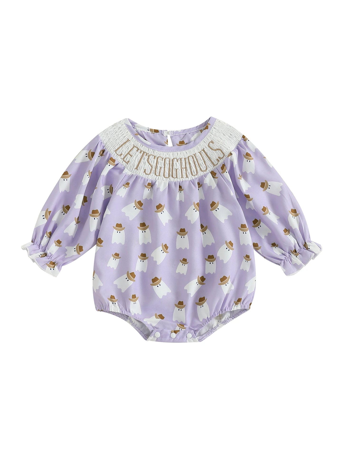 Baby Girls Bubble Romper Halloween Ghost Print Long Sleeve Smocked Letter Embroidery Jumpsuit
