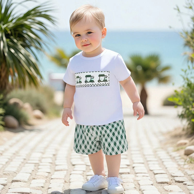 Infant Boy Casual Wear Set Embroidered Tee And Checkered Shorts