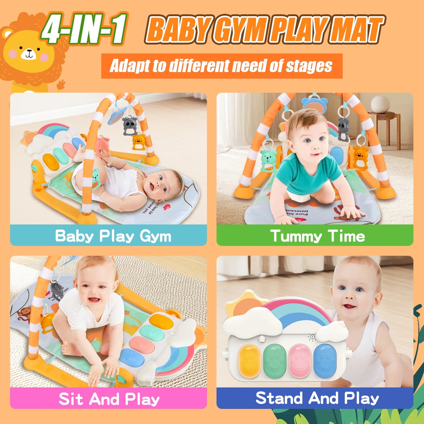 Baby Play Mat Baby Gym For Floor, Kick And Play Piano Mat Gym, Tummy Time Baby Activity Mat With 5 Infant Sensory Baby Toys