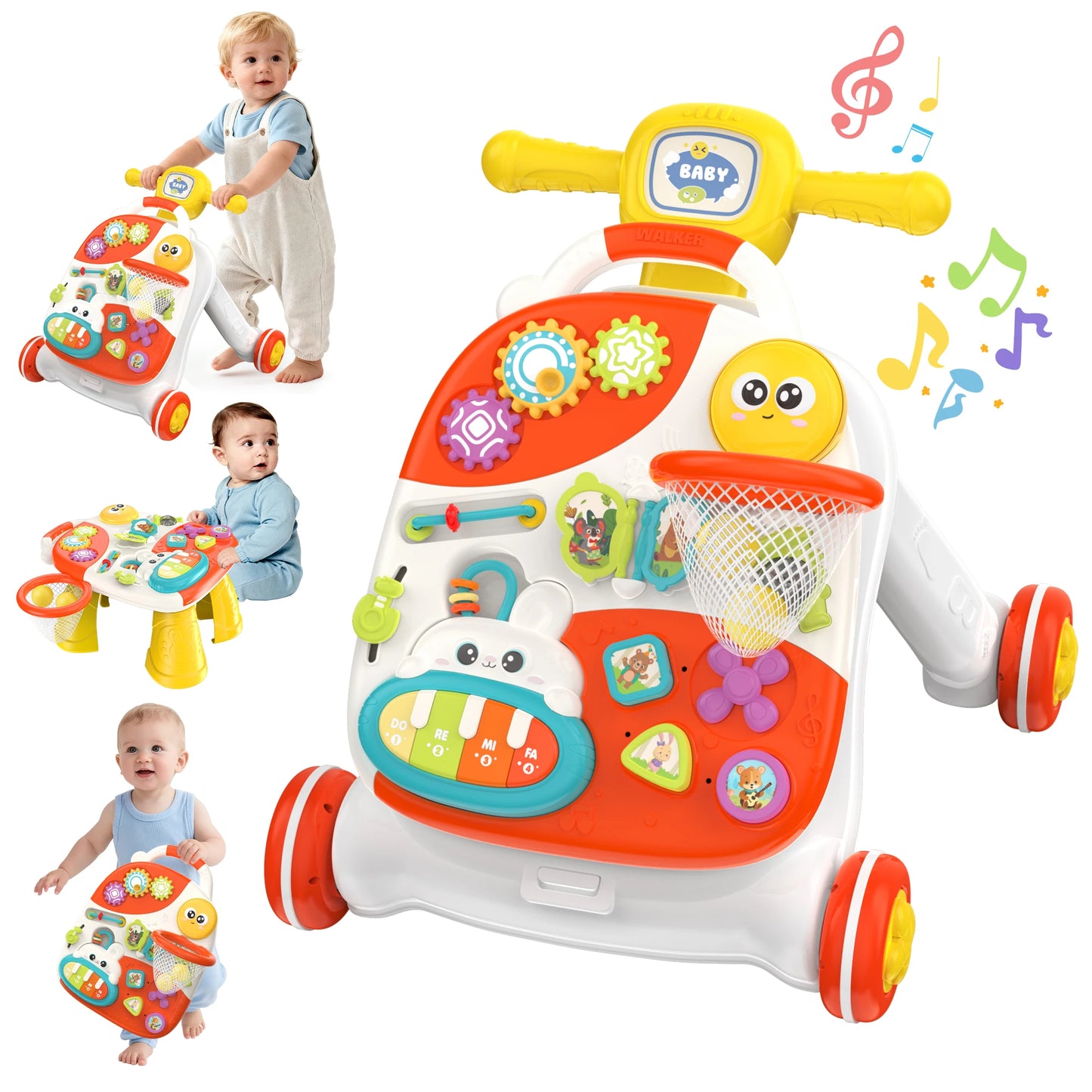 3 in 1 Baby Push Walker and Activity Center, Sit to Stand Walker for Babies 6-12 Months, Baby Walking Toys with Music Panel