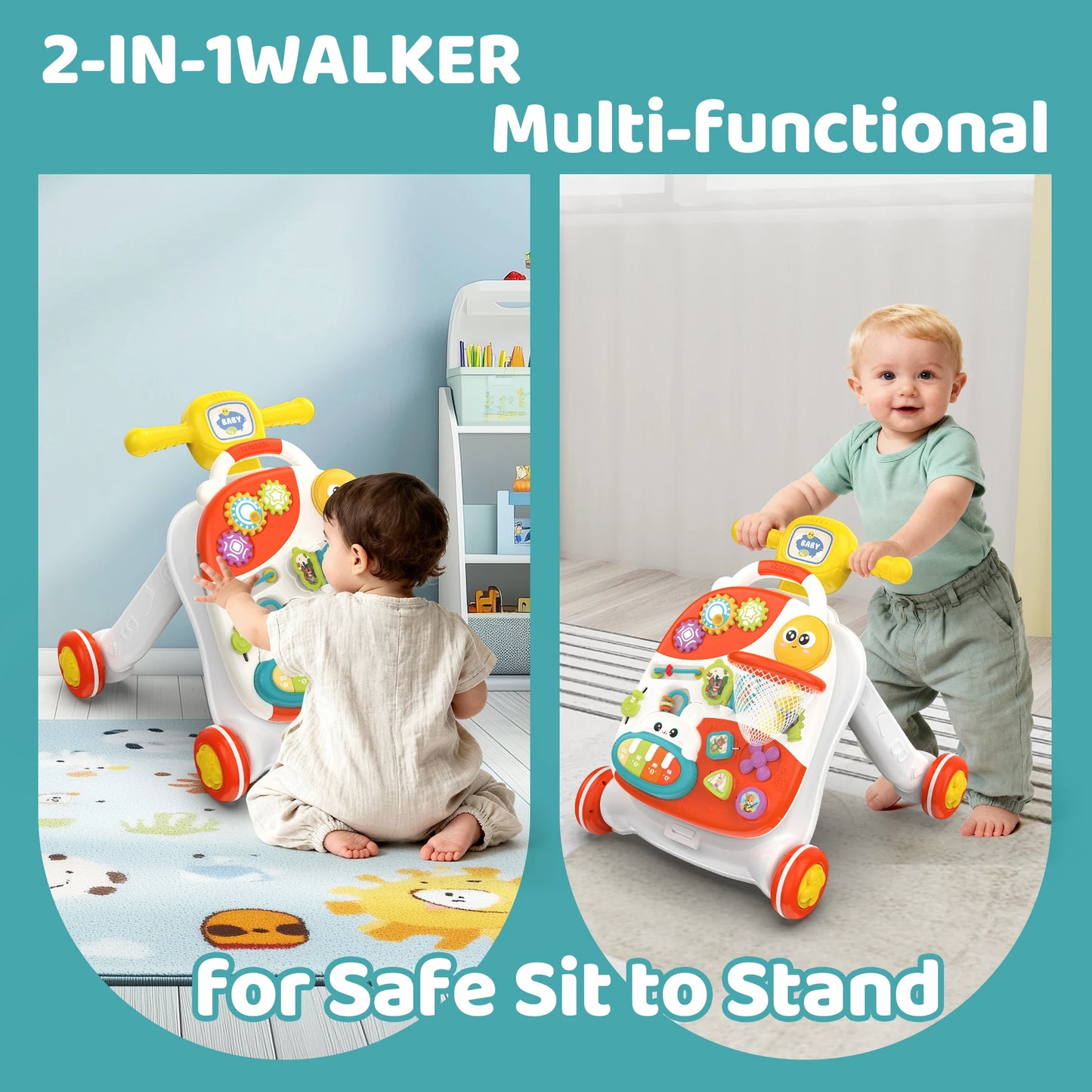 3 in 1 Baby Push Walker and Activity Center, Sit to Stand Walker for Babies 6-12 Months, Baby Walking Toys with Music Panel