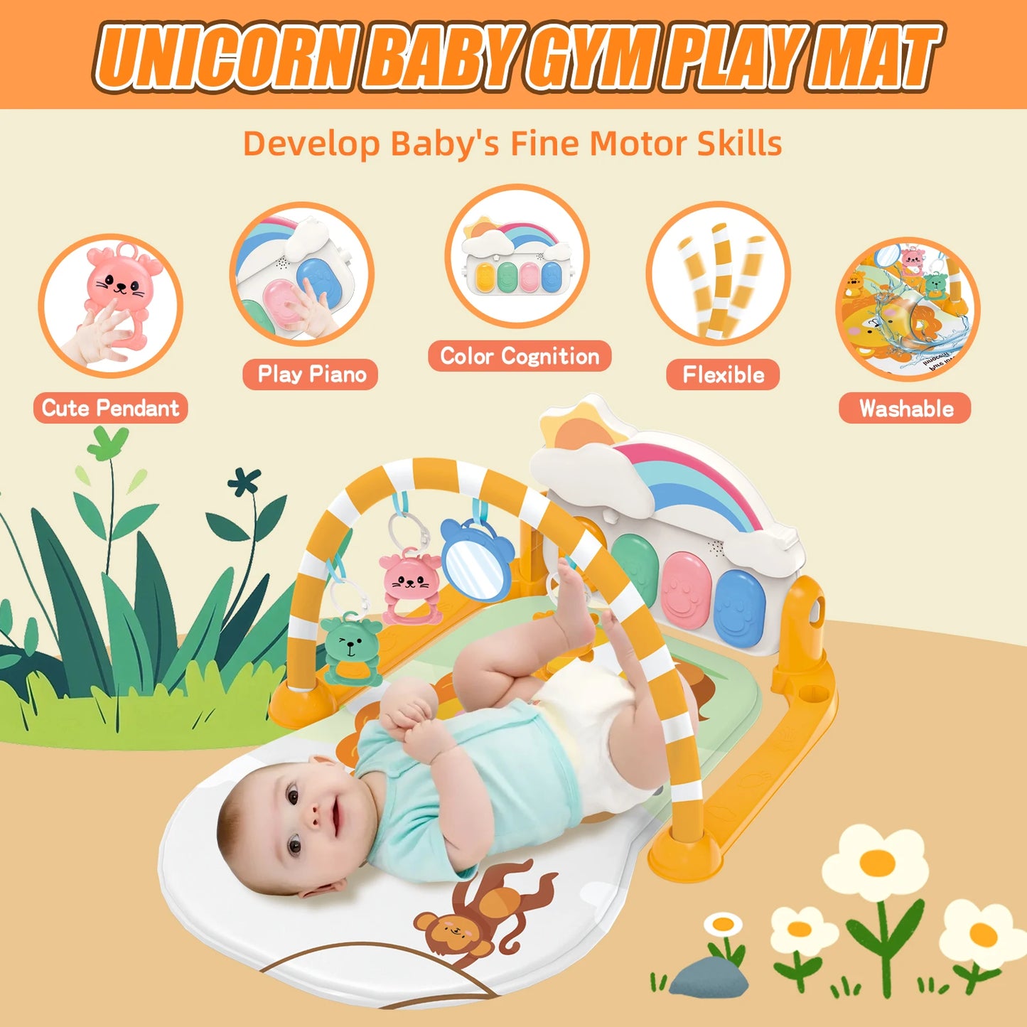 Baby Play Mat Baby Gym For Floor, Kick And Play Piano Mat Gym, Tummy Time Baby Activity Mat With 5 Infant Sensory Baby Toys