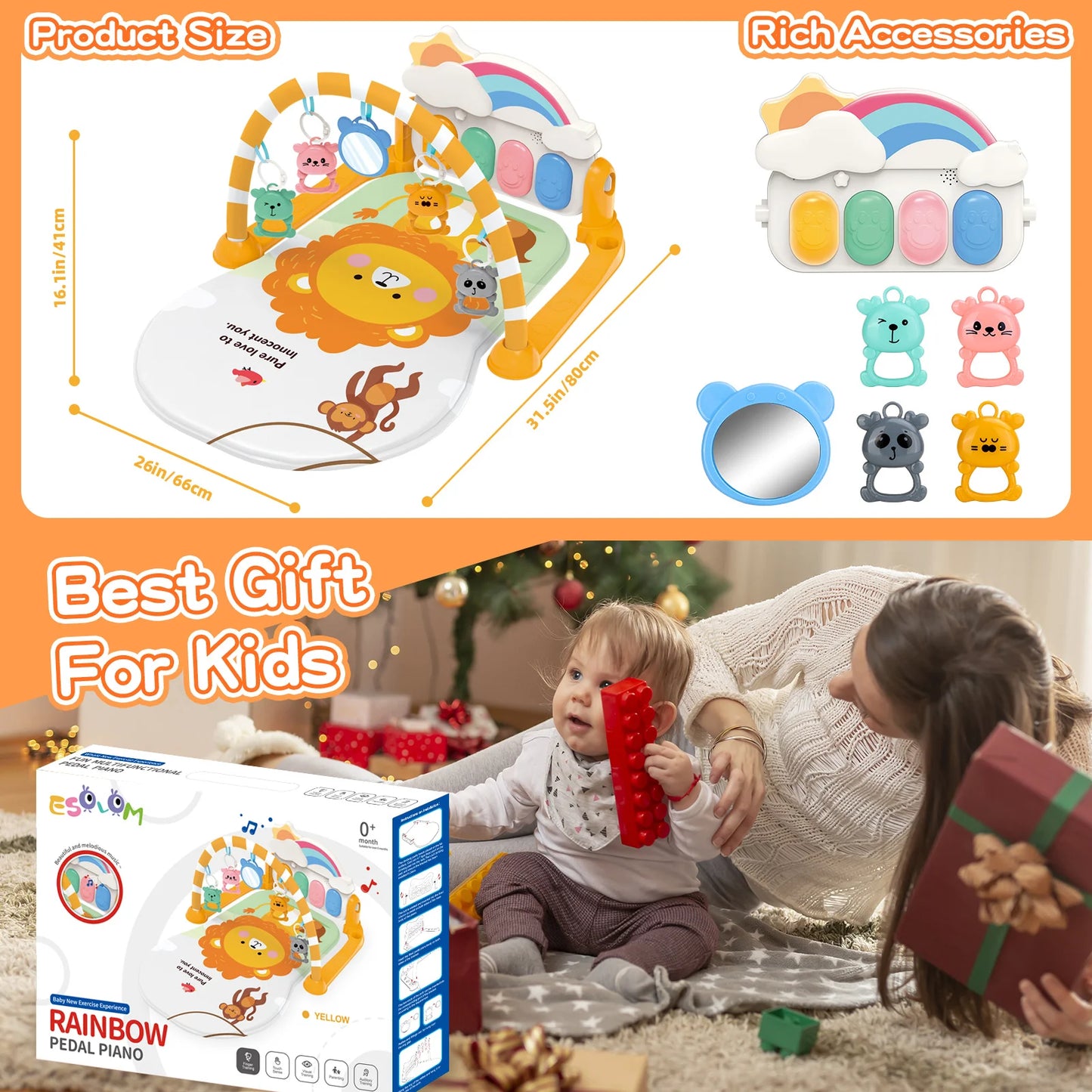 Baby Play Mat Baby Gym For Floor, Kick And Play Piano Mat Gym, Tummy Time Baby Activity Mat With 5 Infant Sensory Baby Toys