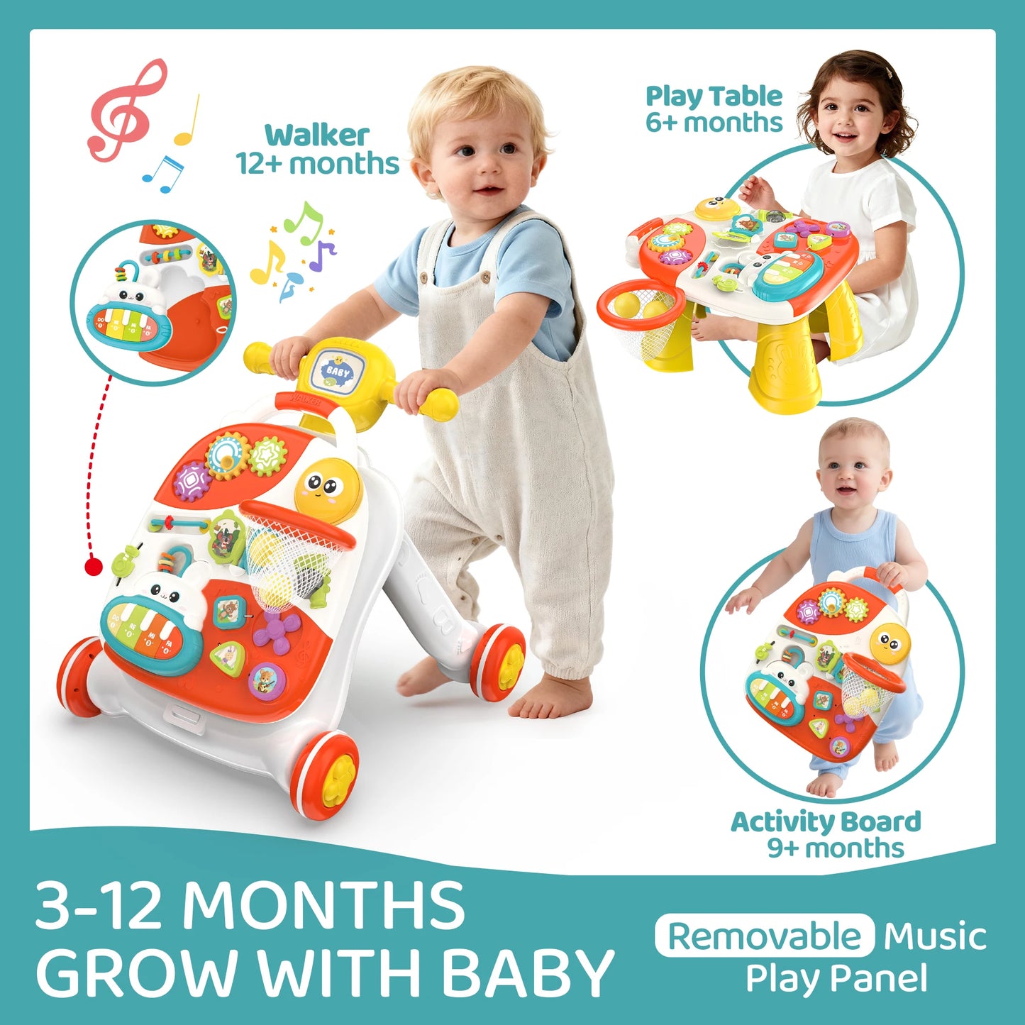 3 in 1 Baby Push Walker and Activity Center, Sit to Stand Walker for Babies 6-12 Months, Baby Walking Toys with Music Panel