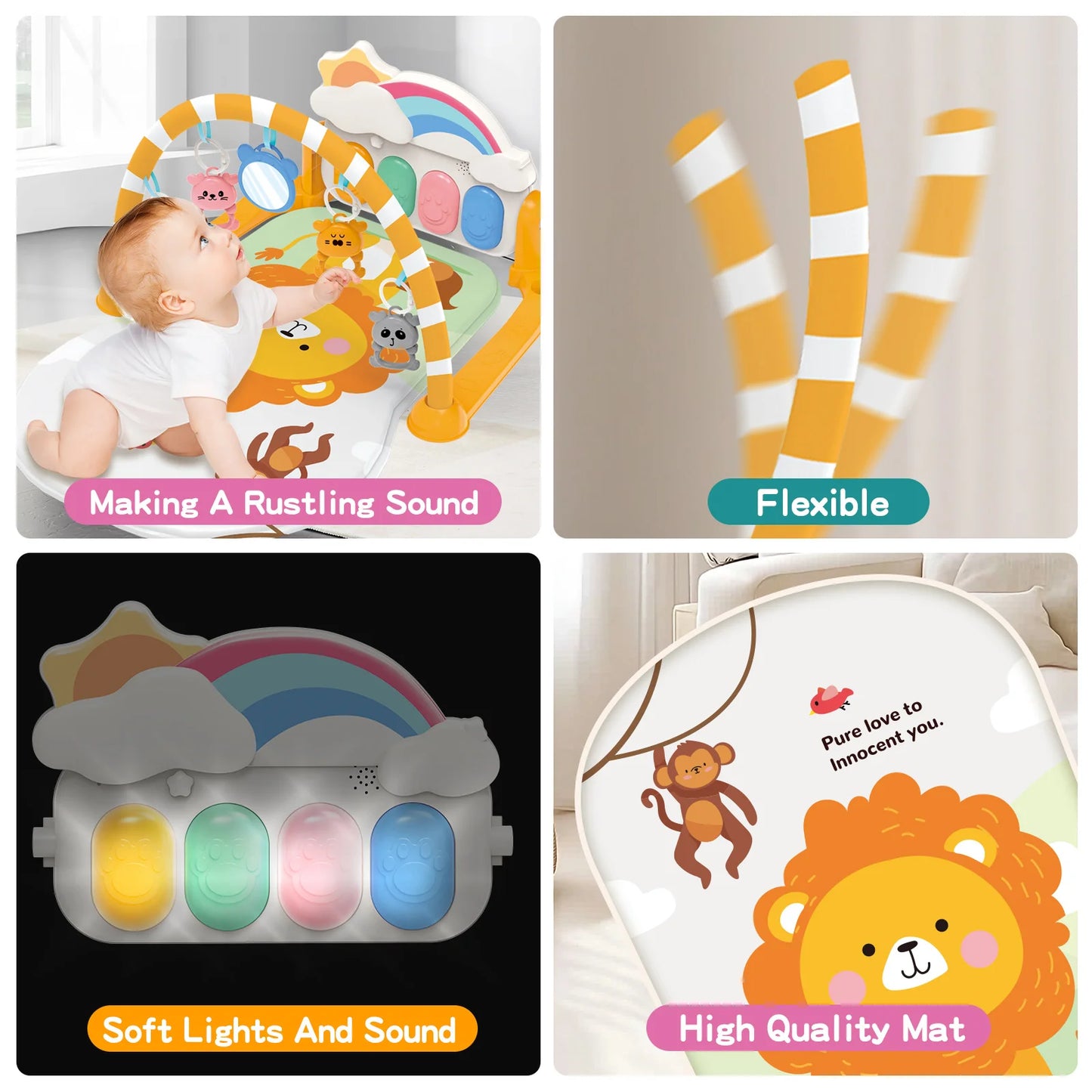 Baby Play Mat Baby Gym For Floor, Kick And Play Piano Mat Gym, Tummy Time Baby Activity Mat With 5 Infant Sensory Baby Toys