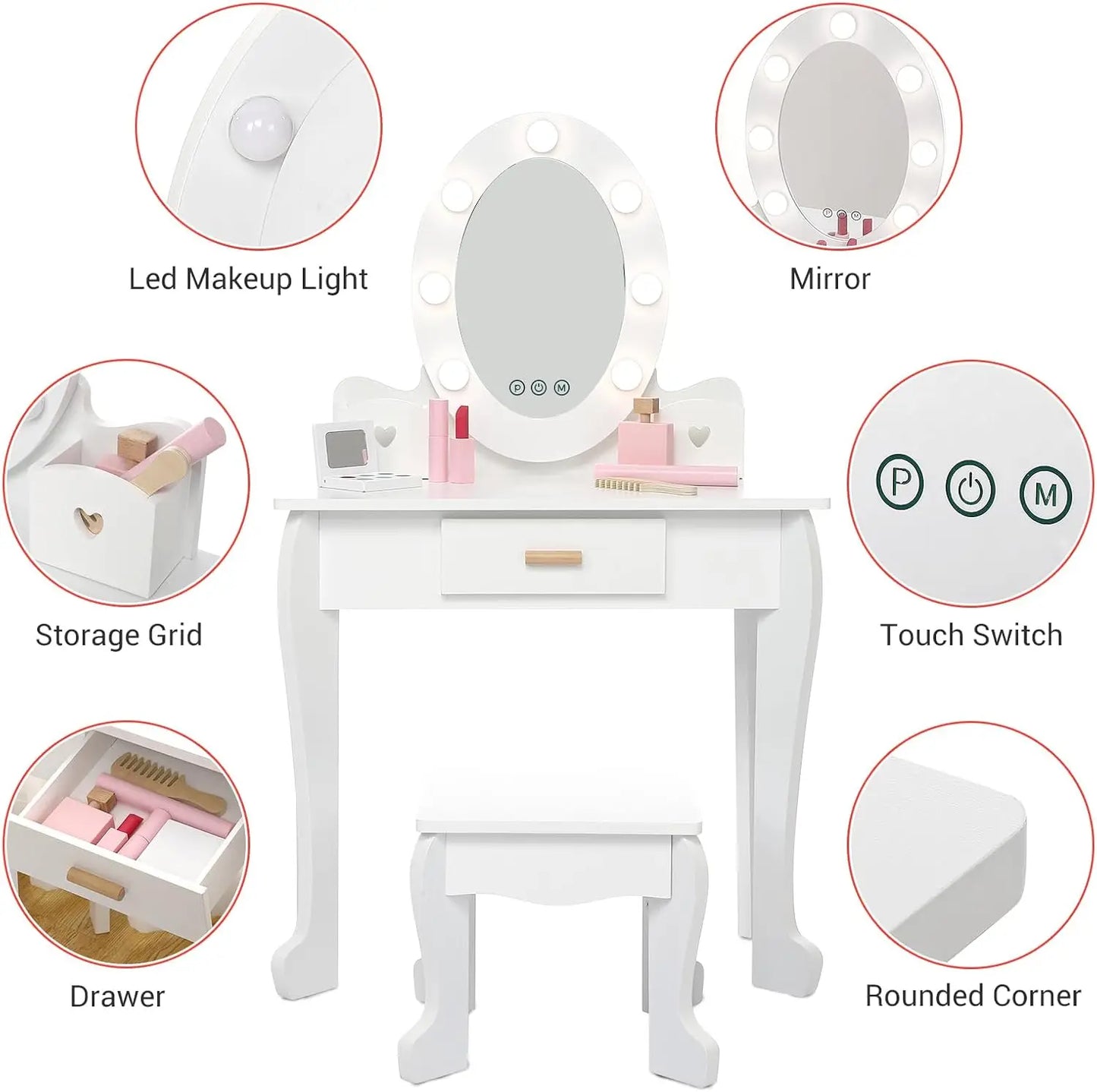 TWISTER.CK Kids Vanity Set With Mirror Lights Wood Makeup Desk And Chair