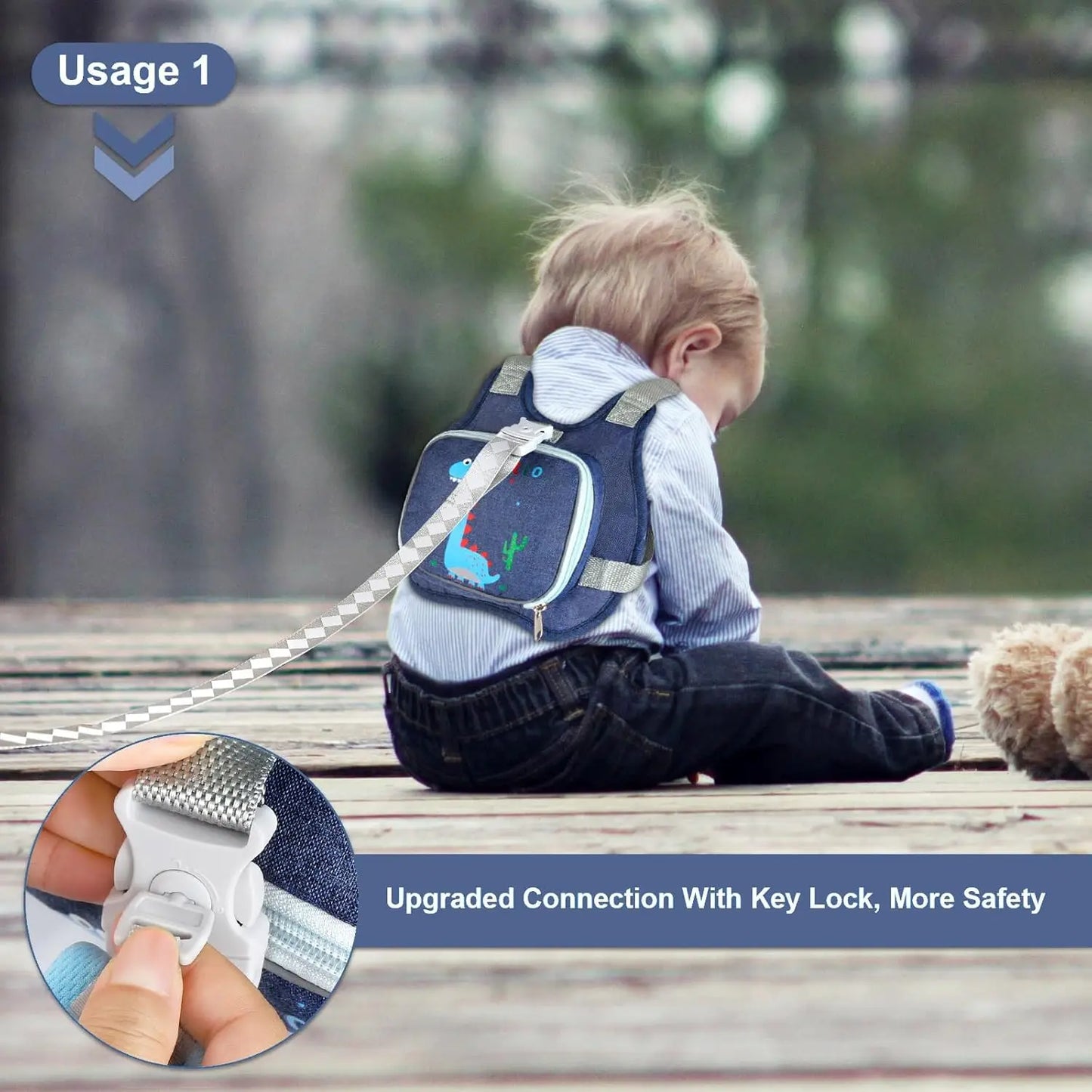 Cute Dinosaur Toddler Harness Leash with Anti-Lost Wrist Link, Adjustable and Foldable for Kids 1-4 Years Old
