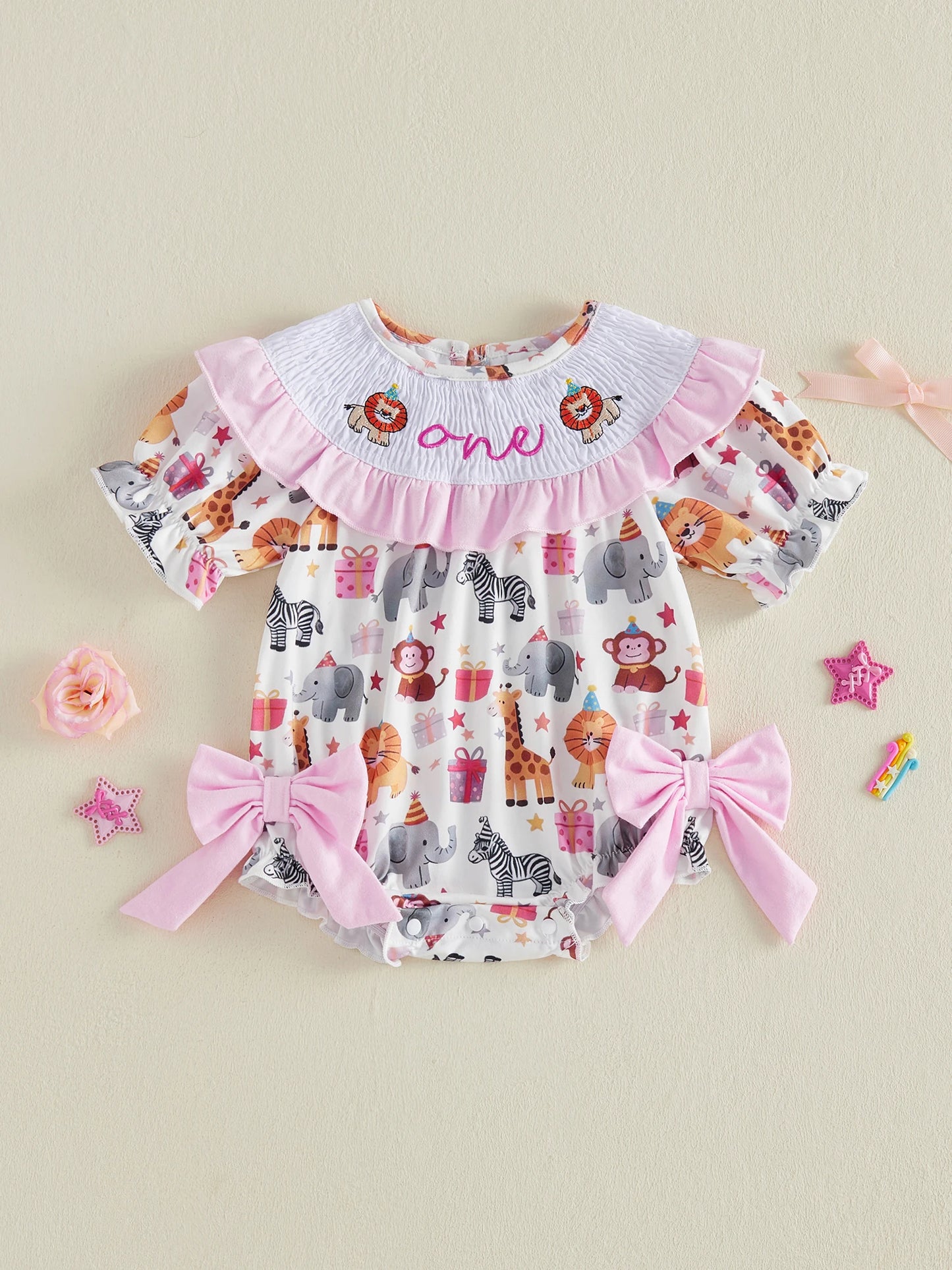 Toddler Girl Pink Floral Print Ruffle Sleeve Romper with Bow Detail and Round Neckline for Birthday Party Celebration