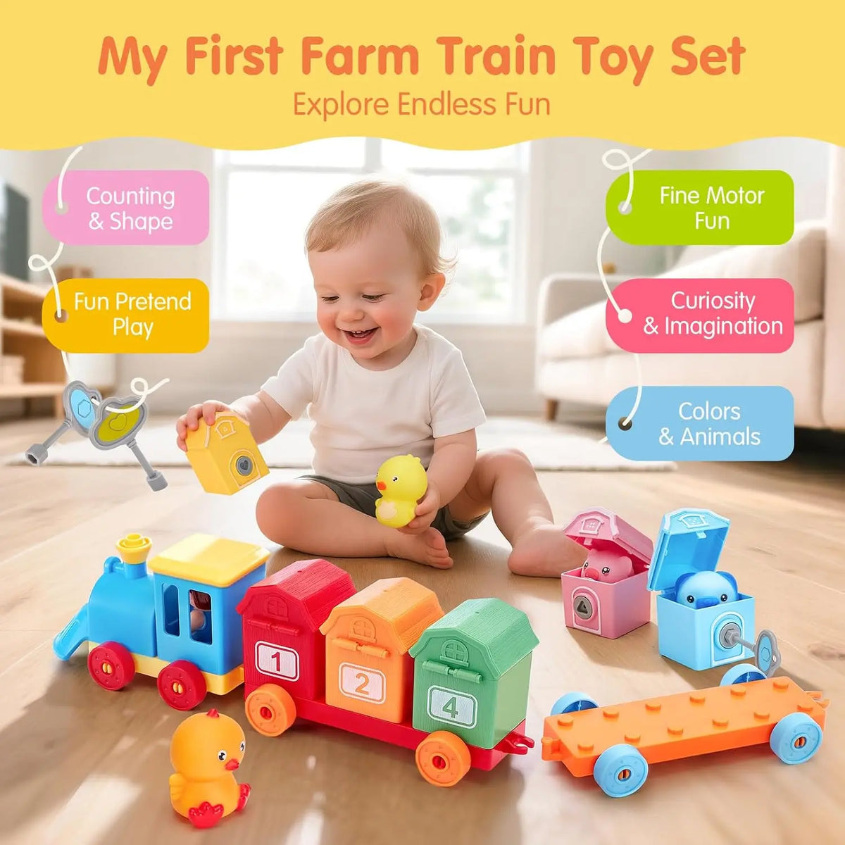 Montessori Counting And Sorting Train Set With Farm Animal Puppets