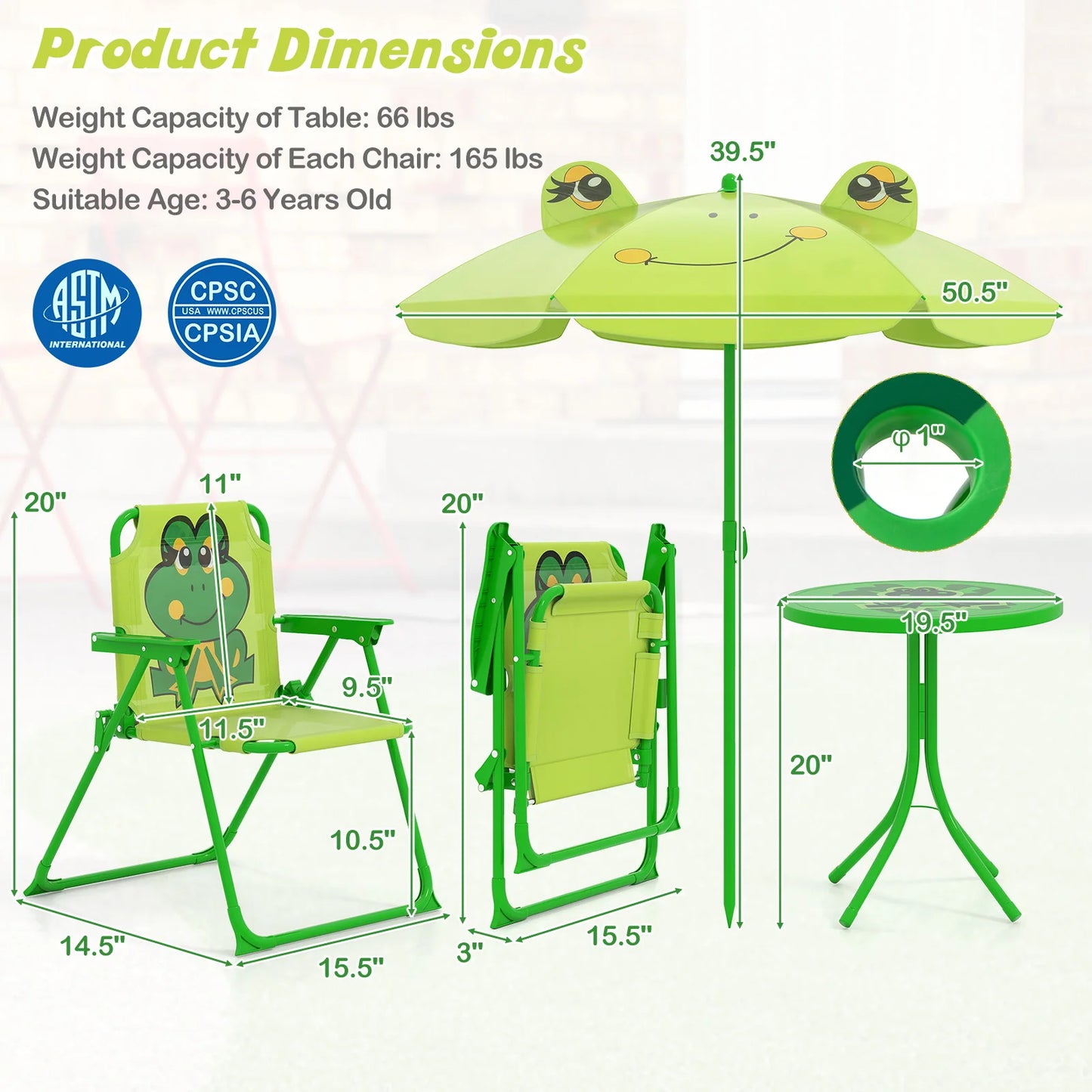 LIFEZEAL Kids Picnic Table Set Folding Chairs Height Adjustable Umbrella