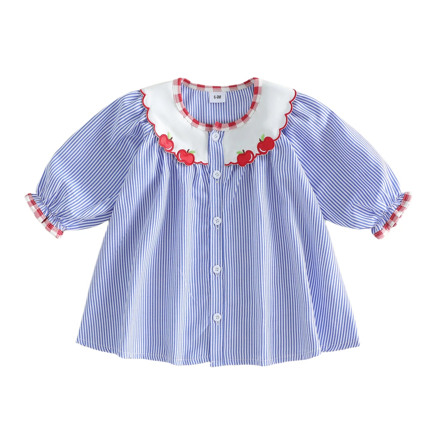 Girls Striped Dress with Apple Embroidery Long Sleeve Round Neck Button Up Dress for Little Girls