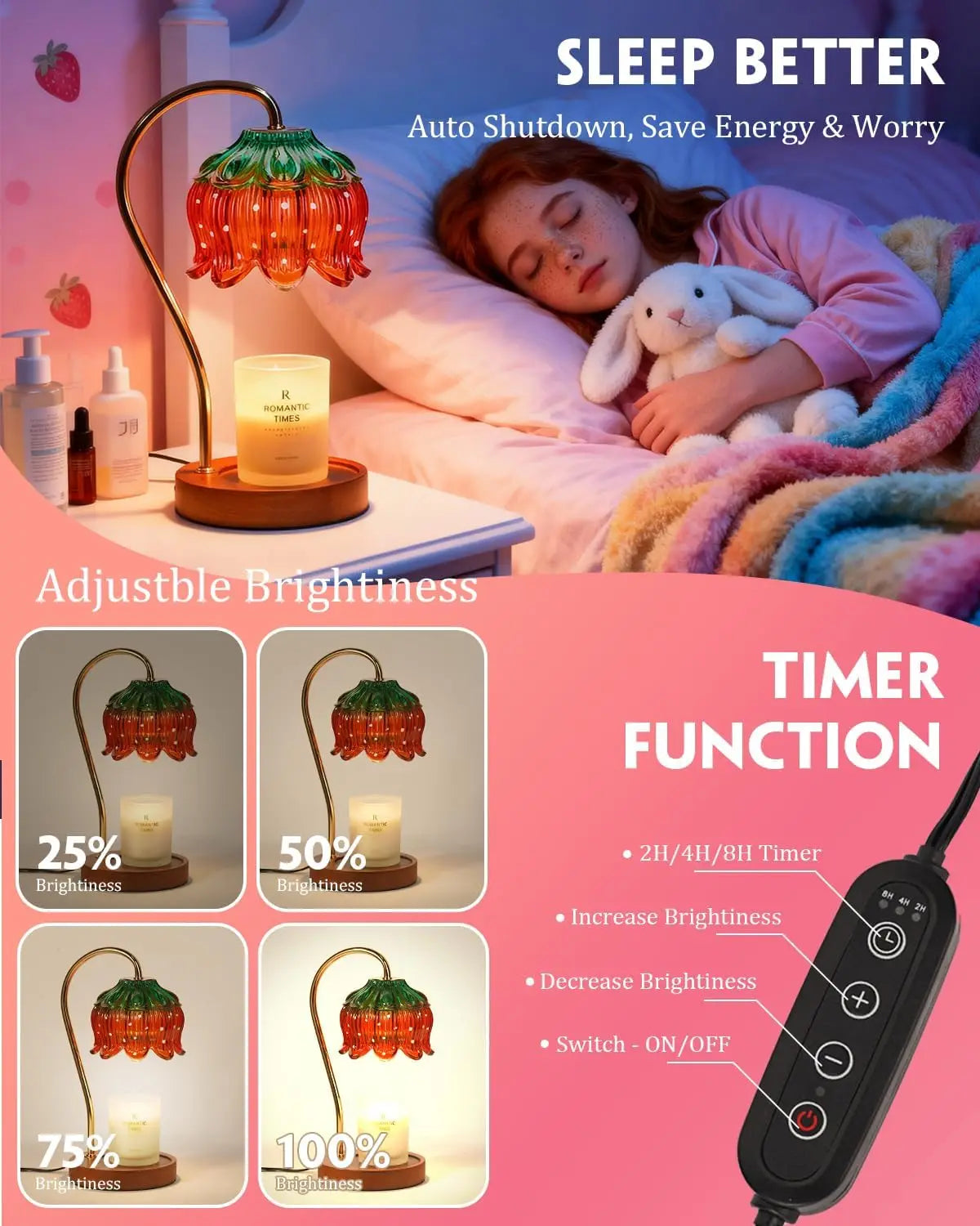 Strawberry Candle Warmer Lamp With Timer And Dimmable Flameless Safe