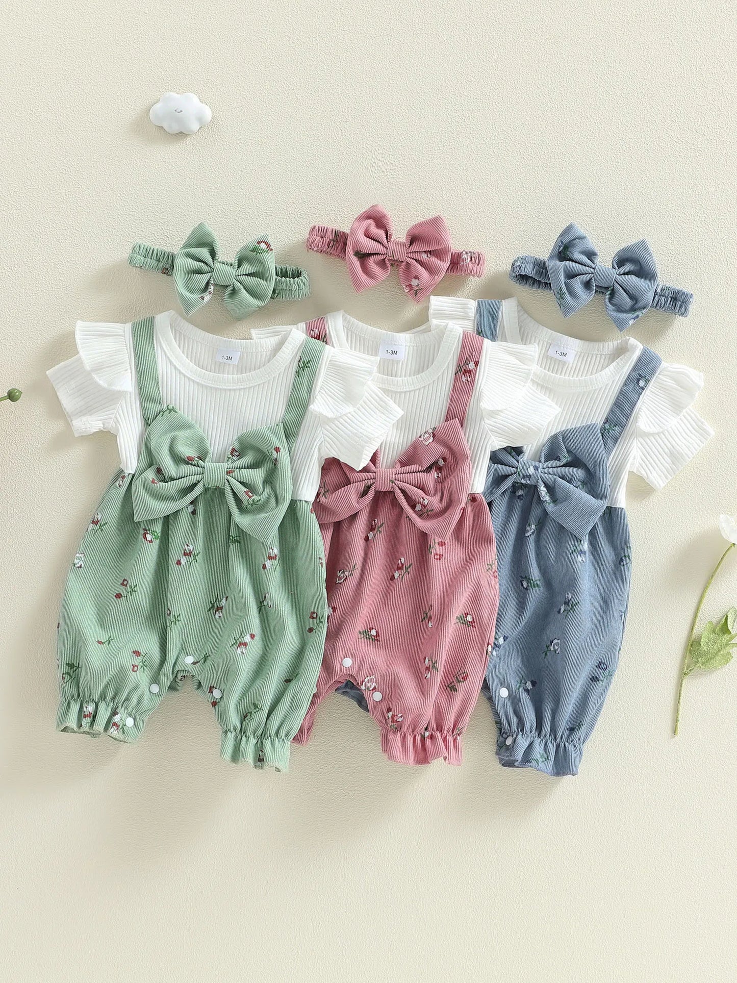 Toddler Girl Sleeveless Romper with Ruffle Detail and Matching Bow Headband Set for Summer Beach Outings