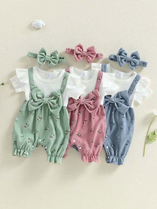 Toddler Girl Sleeveless Romper with Ruffle Detail and Matching Bow Headband Set for Summer Beach Outings