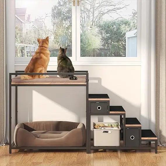 Pet Dual Level Bunk Bed With Detachable Stairs Window Perch