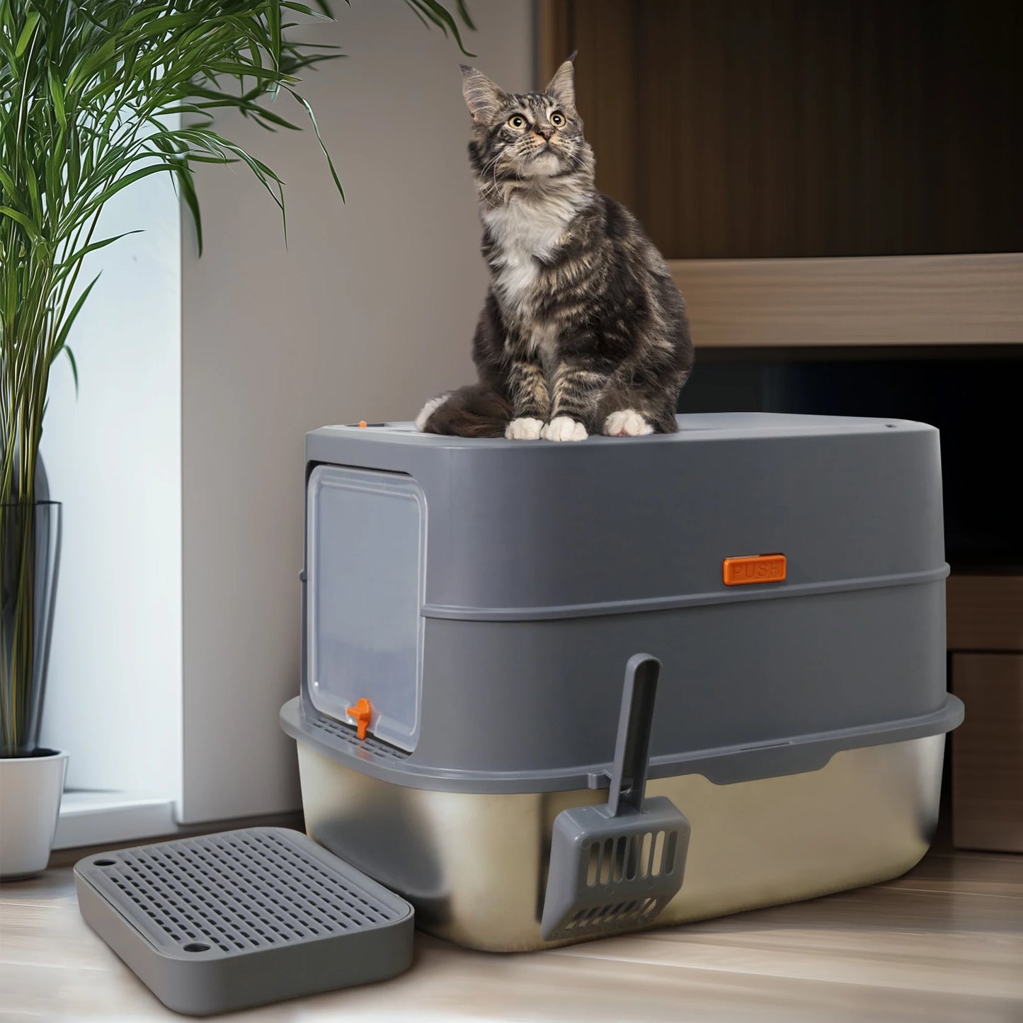 4 Style Enclosed Cat Litter Box Lid Stainless Steel ABS