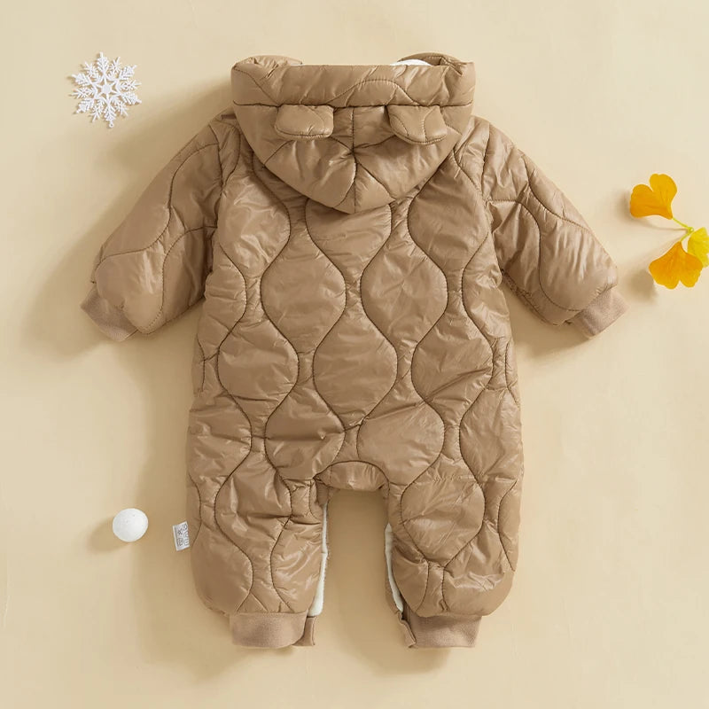 Infant Toddler Unisex Snowsuit Cozy Hooded Jumpsuit Winter Outerwear Puffer Coat with Zipper Closure and Long Sleeves