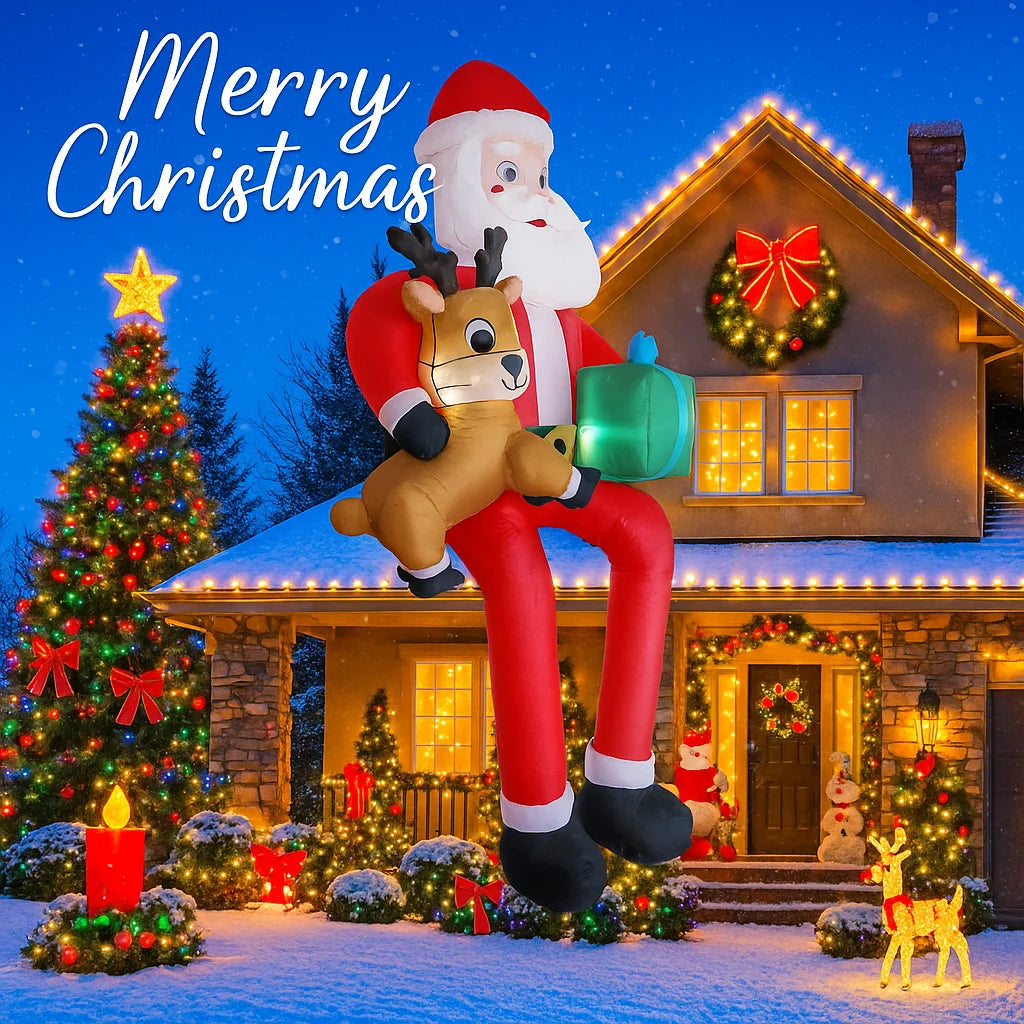 CatXaa Inflatable Christmas Santa With Reindeer Gift LED Yard Decoration