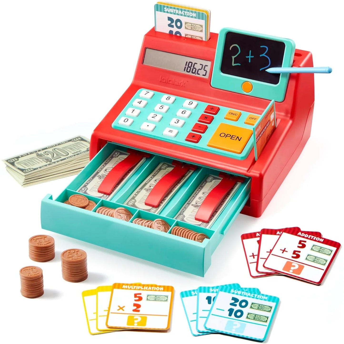 Joyfy Kids Cash Register Toy With Detachable Write And Erase Pad And Play Money