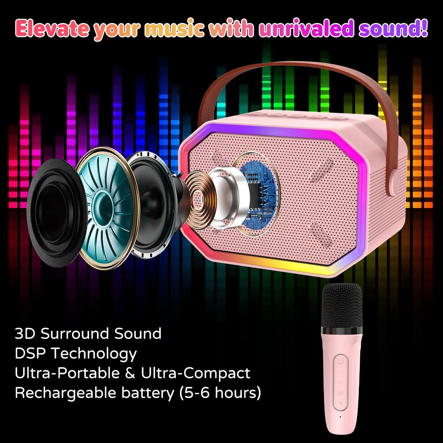 RIVGOTC Mini Karaoke Machine For Kids Bluetooth Wireless Microphones