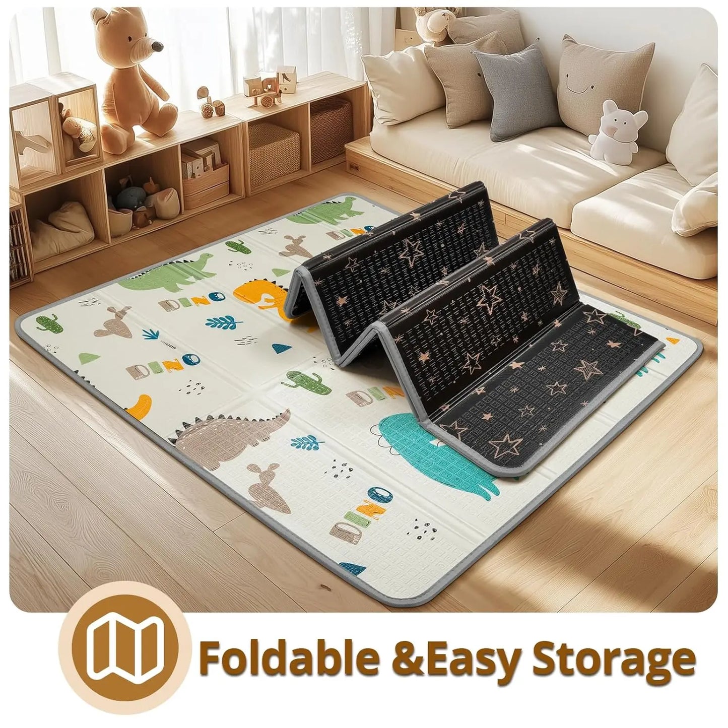 Foldable Baby Play Mat, PIGLOG 0.6in Thick Waterproof Playmats for Babies and Toddlers Kids, Safe Foam Playmat for Tummy Time