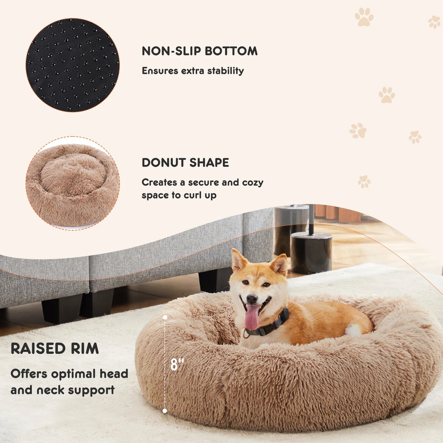 JHK Calming Dog Bed Plush Faux Fur Washable Round