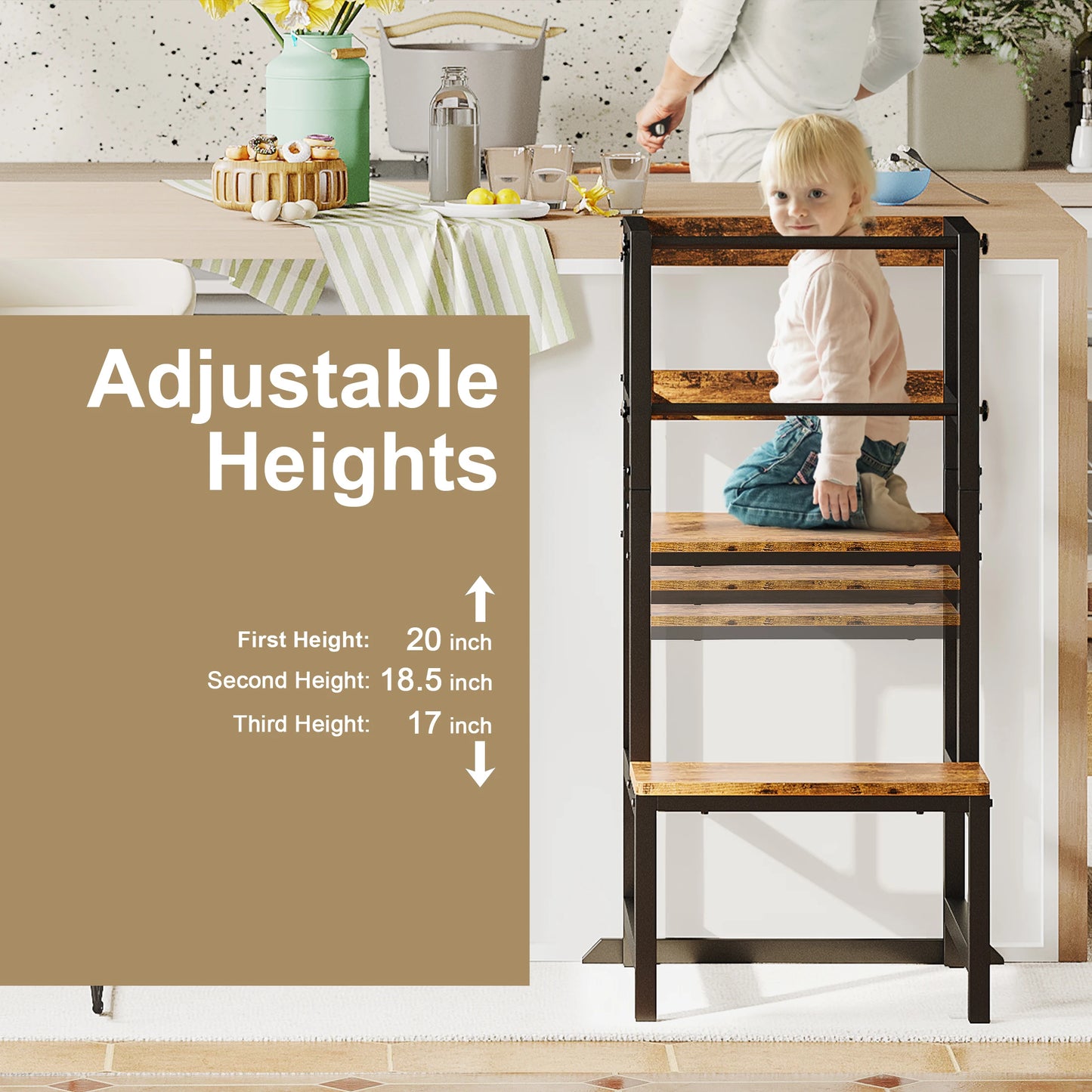 Toddler Kitchen Step Stool Learning Tower with Safety Rail