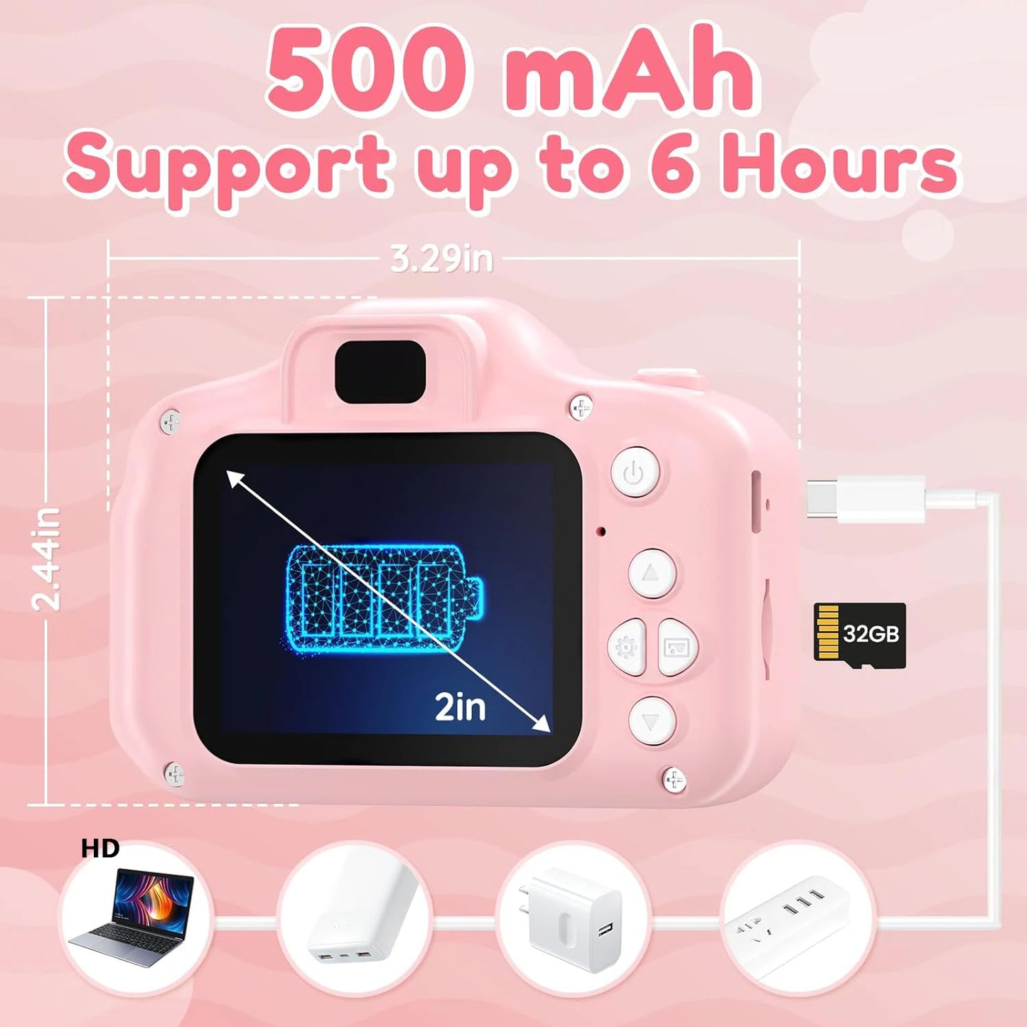 1080P HD Video Photography Camera Mini Digital Camera with Silicone Case Puzzle Game HD Photo 2.0 inch 32G Memory Card Gift