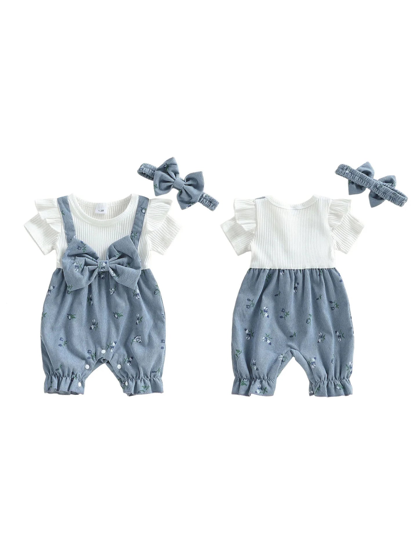 Toddler Girl Sleeveless Romper with Ruffle Detail and Matching Bow Headband Set for Summer Beach Outings