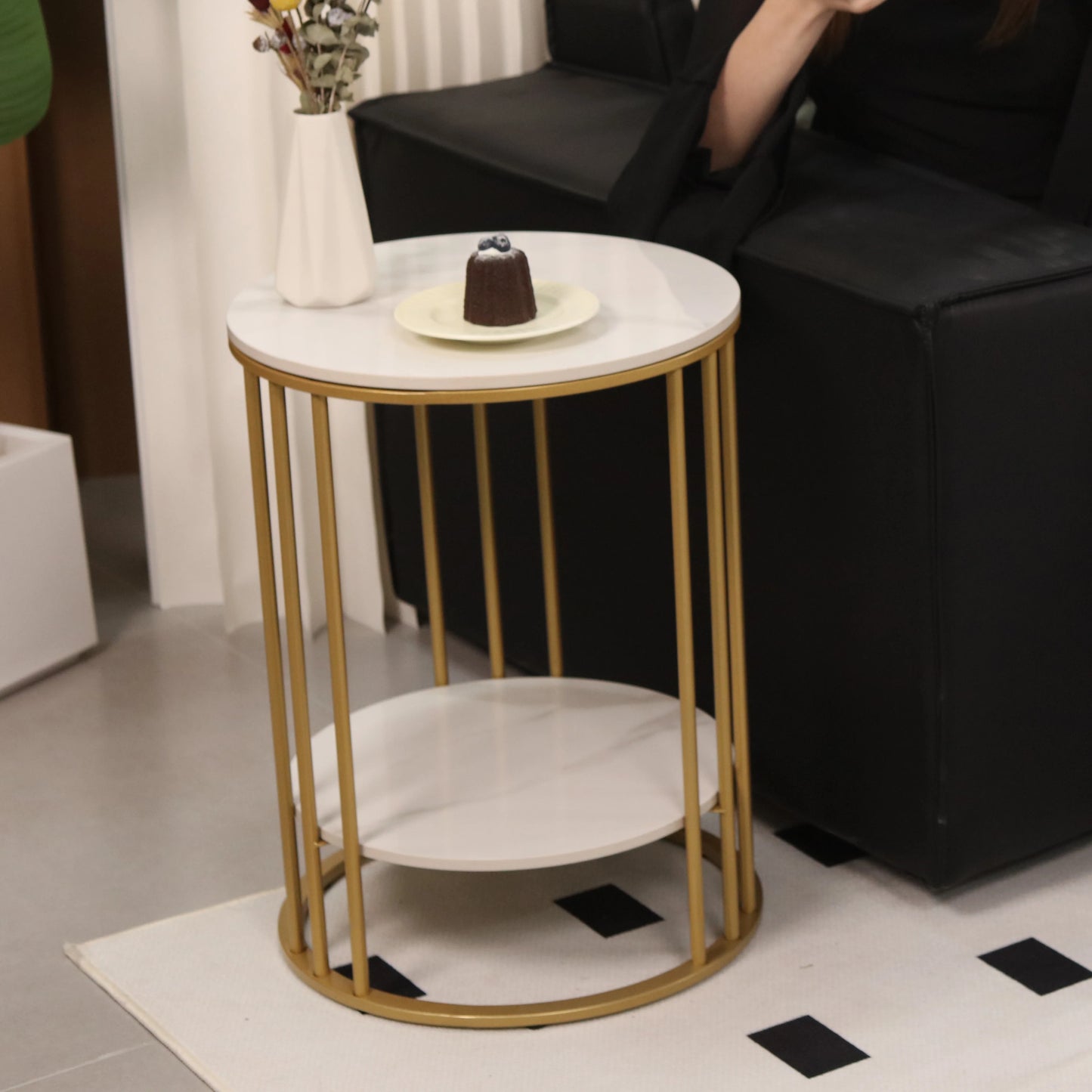 Wisfor 2-Tier Marble Round Side Table With Storage Nightstand