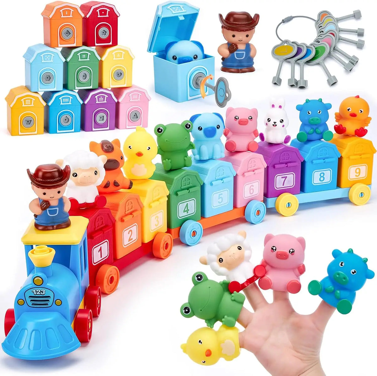 Montessori Counting And Sorting Train Set With Farm Animal Puppets
