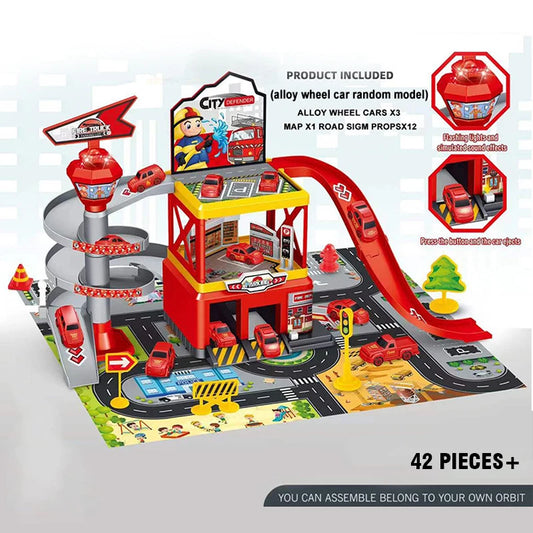 CONUSEA DIY Rail Car Parking Lot Track With Racing Cars