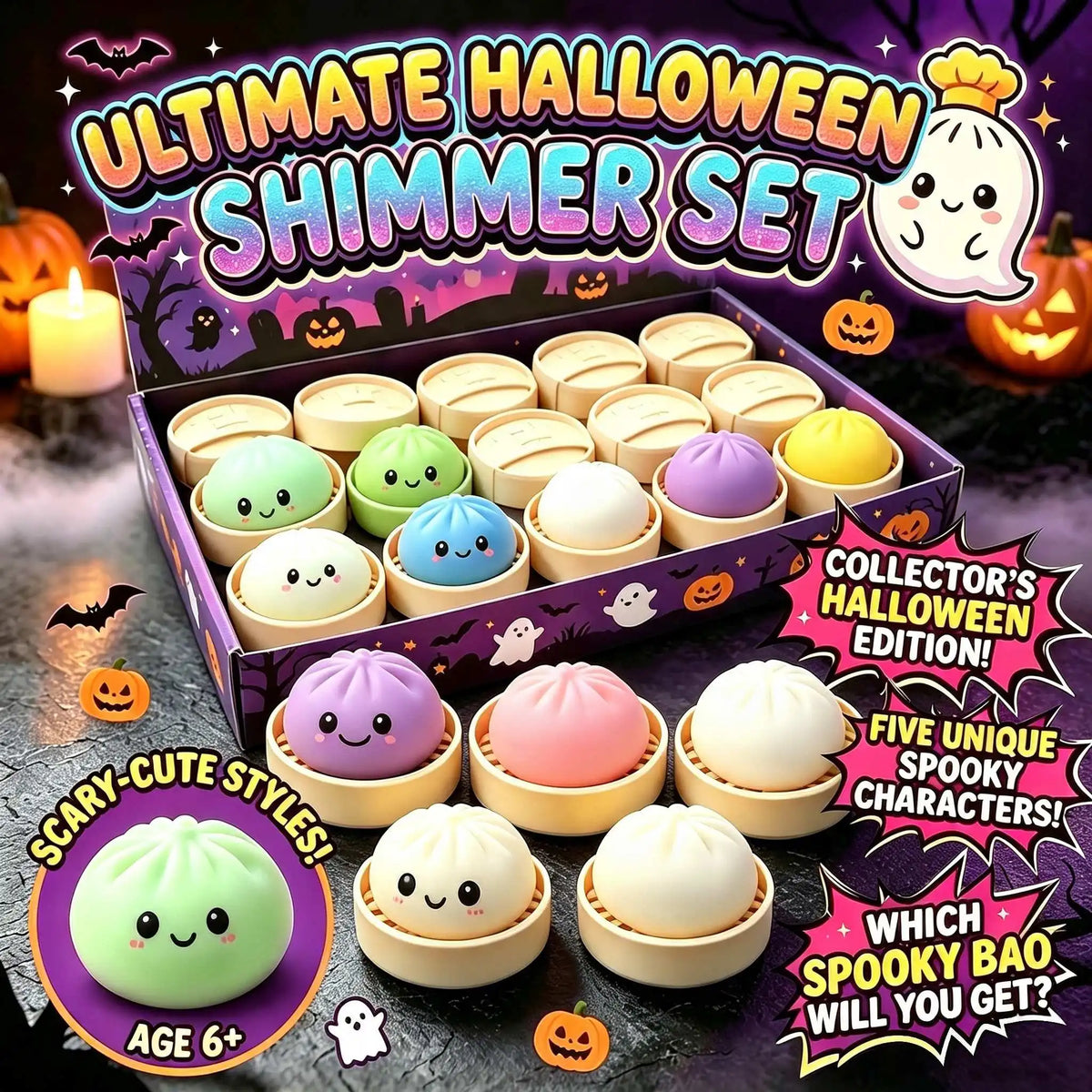 Halloween Bun Squishy Set, 18 Piece Sensory Play Kit