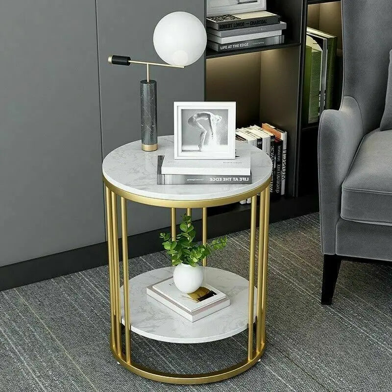 Wisfor 2-Tier Marble Round Side Table With Storage Nightstand