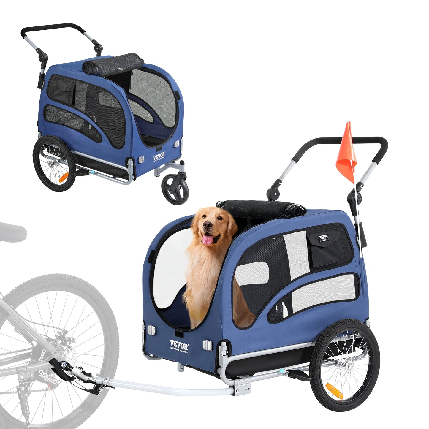 Dog Bike Trailer 2-In-1 Pet Stroller Cart Travel Carrier