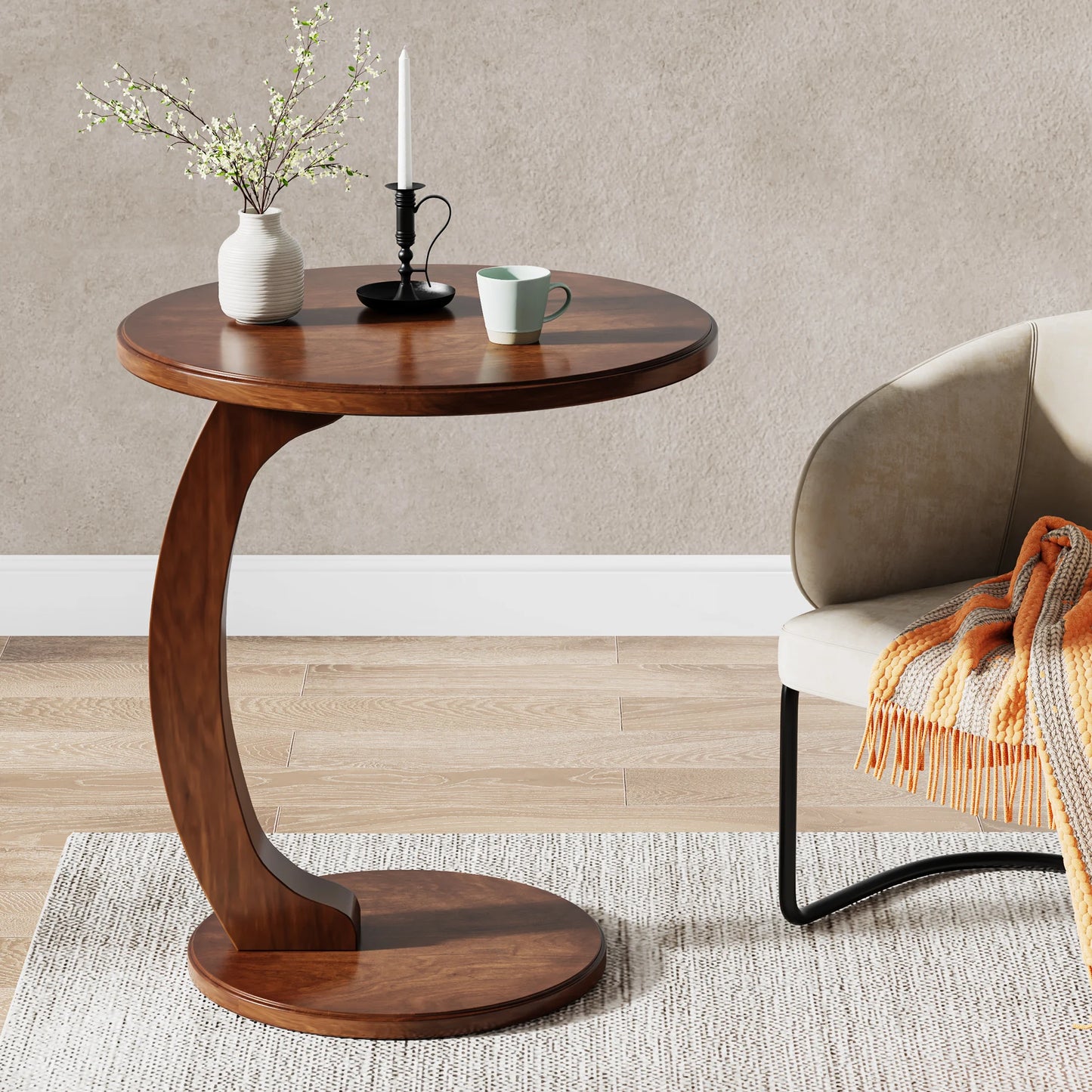 Tribesigns Round End Table Wood C Shaped Side Table Mid Century Retro