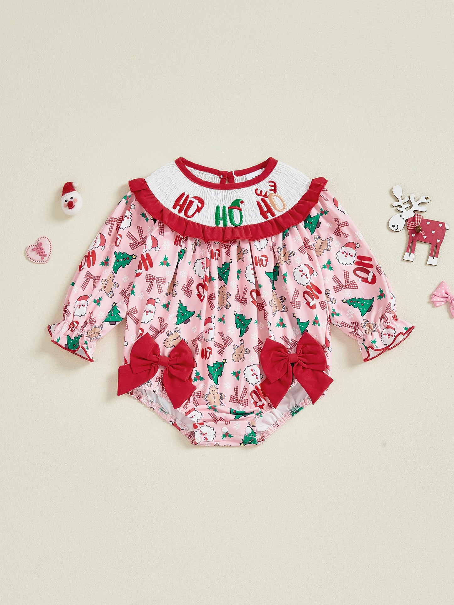 Baby Girl Bubble Romper Fashionable Christmas Tree Embroidery Smocked Long Sleeve Jumpsuit