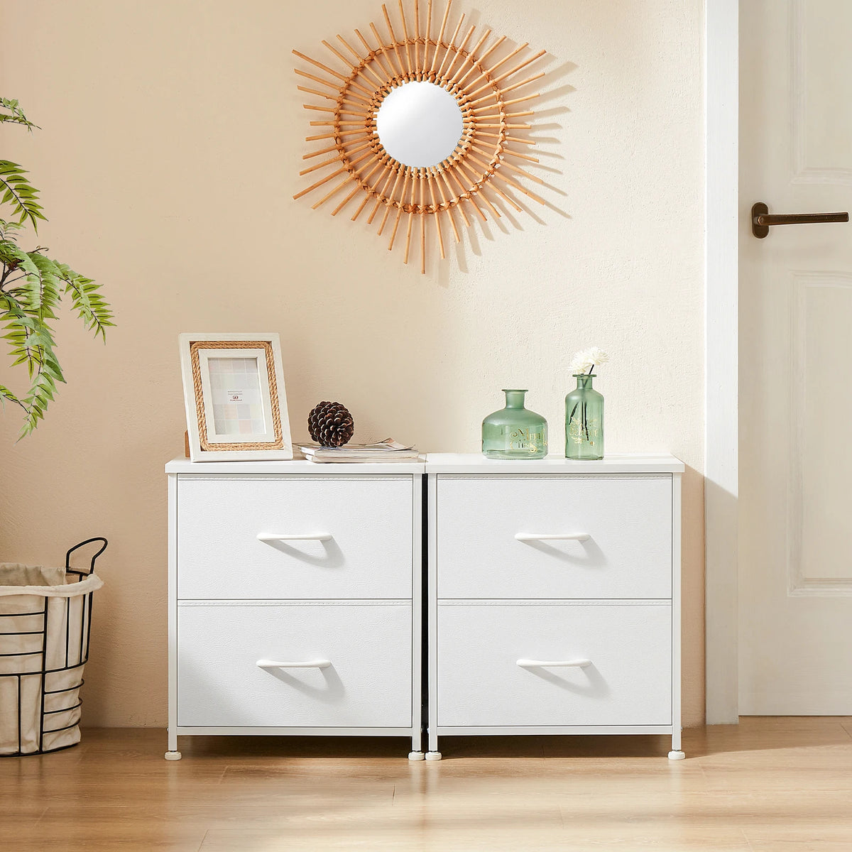 JHK Modern Bedside Nightstand With Two Fabric Storage Drawers