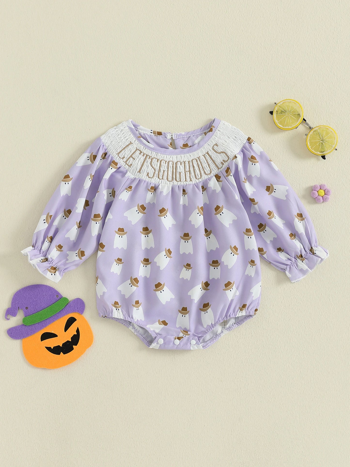 Baby Girls Bubble Romper Halloween Ghost Print Long Sleeve Smocked Letter Embroidery Jumpsuit