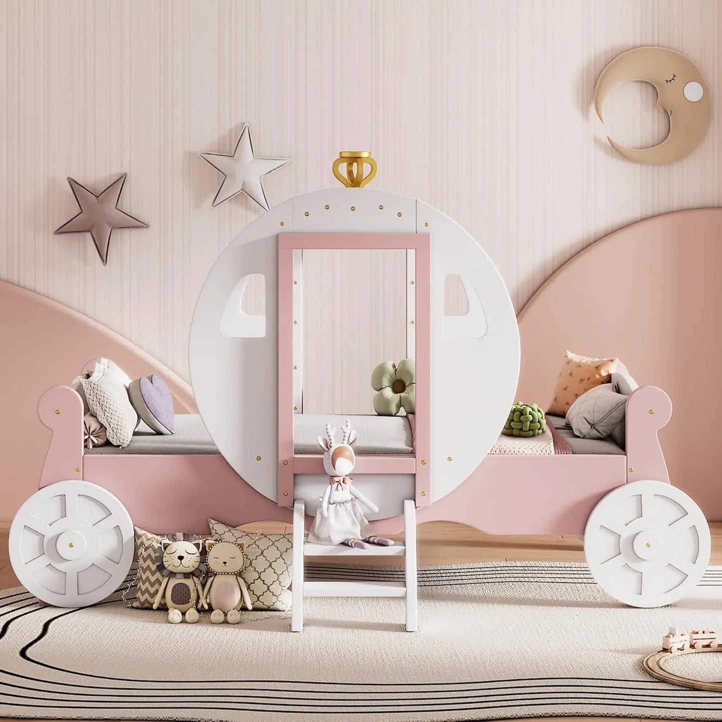 YQXH PrincCarriage Bed for Kids with Crown and Stairs